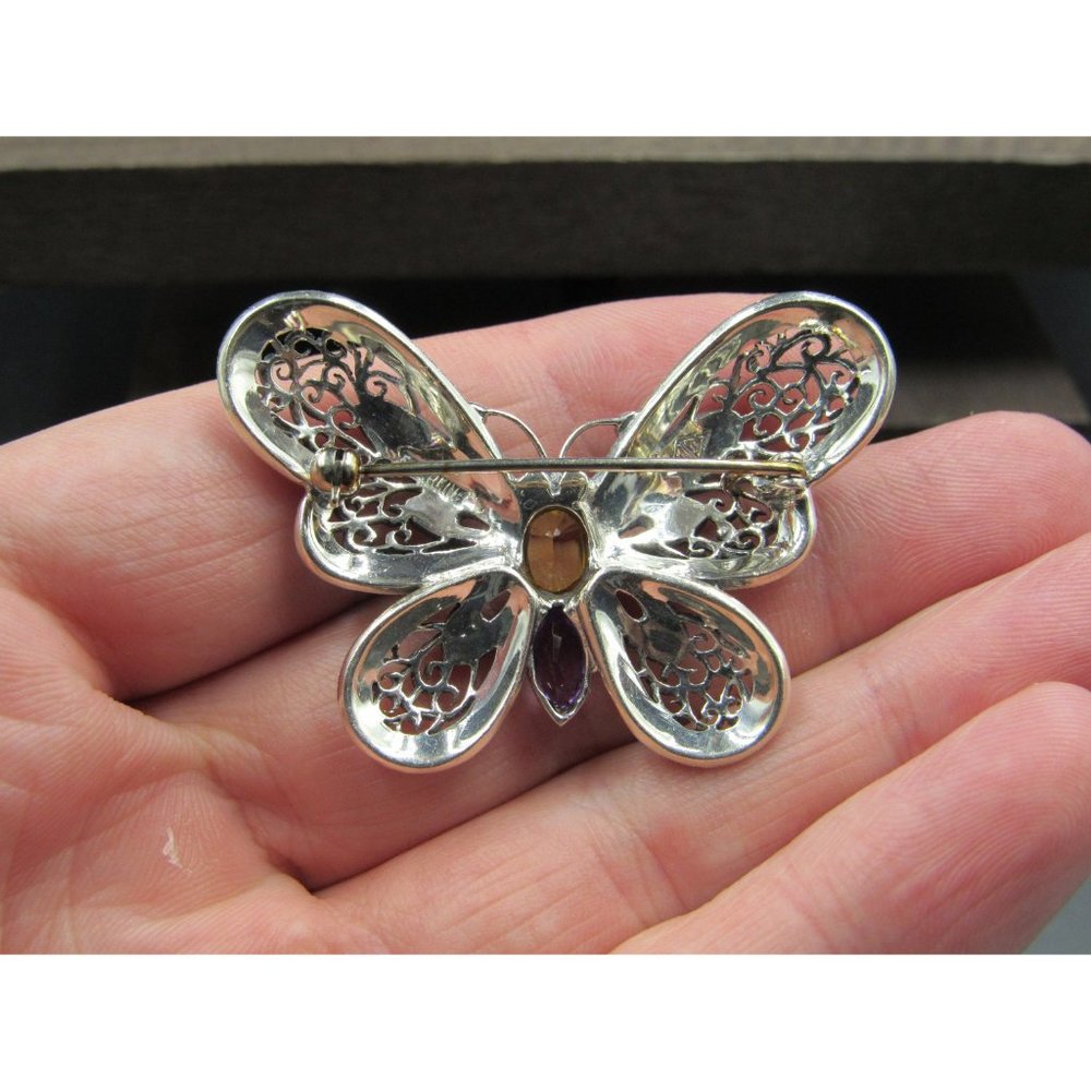 Sterling Silver Citrine Amethyst Marcasite Butterfly Pin Brooch - Picture 4 of 7